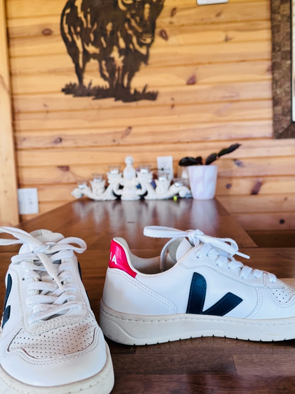 Veja White Leather Sneakers with Navy V logo